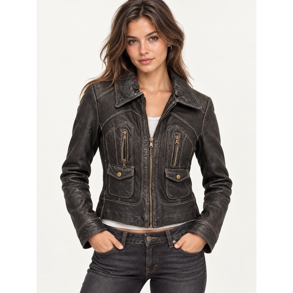 Wilsons Leather Black Leather Jacket Women's L Contrast Stitch Utility Y2K